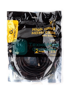 Кабель HDMI Cablexpert CCF2-HDMI4-7.5M, 19M/19M, v2.0, медь, позол.разъем, экран, 2 фер.кольца, 7.5м, черный, пакет