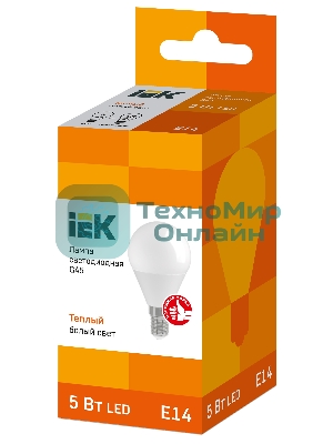 Лампа светодиодная IEK LLE-G45-5-230-30-E14 ECO G45 5Вт шар 3000К теплый белый E14 450лм 230-240В
