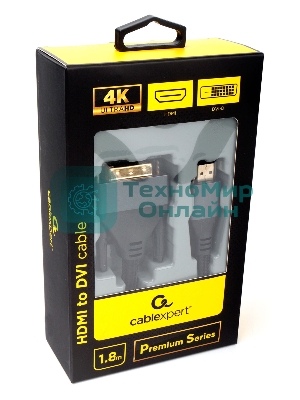 Кабель HDMI-DVI Cablexpert CC-HDMI-DVI-4K-6, 19M/19M, single link, 4K, медь, нейлоновая оплетка, метал.разъемы, 1.8м, черный, коробка