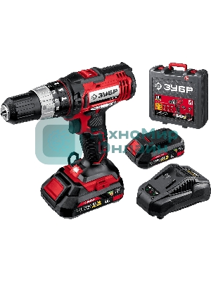 Дрель-шуруповерт аккумуляторная Зубр ДШУ-185-22, Аккумуляторный, 18В, 2 АКБ, Ударный, Кейс