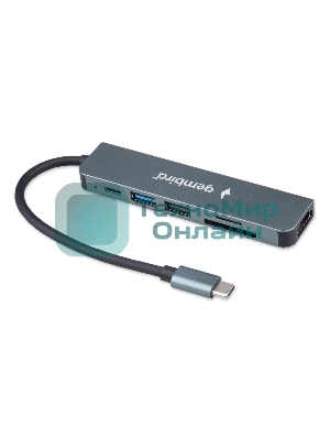 Концентратор USB Type-C Gembird UHB-D9 6в1: USB3.1, PD100W, SD/TF, USB2.0, HDMI, кабель 16см, алюминий