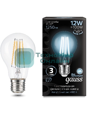 Лампа cветодиодная Gauss Filament А60 12W 1250lm 4100К Е27 LED 1/10/40