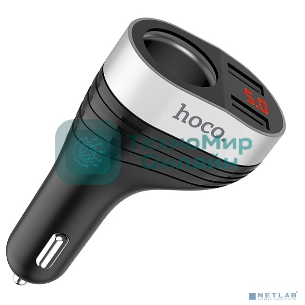 Авто ЗУ + розетка 12V + LED дисплей/HOCO HC-92186 Z29/2 USB/Выход USB: 15.5W/черный