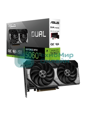 Видеокарта ASUS GeForce RTX 5060 Ti Dual OC , NVIDIA RTX 5060 Ti, 16 ГБ GDDR7, 128 бит, PCI-e 5.0, 1xHDMI, 3xDP, 2632 МГц