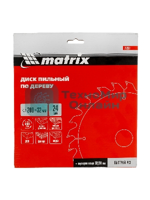 Пильный диск по дереву Matrix, ф200 х 32 мм, 24 зуба + кольцо 32/30