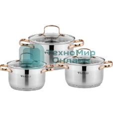 Набор посуды Kelli KL-4214 6 пред.(Кастрюля с жаропрочной стекл. крышкой 2.1 л. Кастрюля с жаропрочной стекл. крышкой 3 л. Кастрюля с жаропрочной стекл. крышкой 4 л. Мерная шкала внутри. Высококачественная нержавеющая сталь 18/10. 5-ти слойное капсульное дно.)