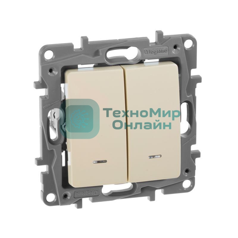 Выключатель 2-клавишный с подсветкой, на винтах, 10АХ, сл. кость