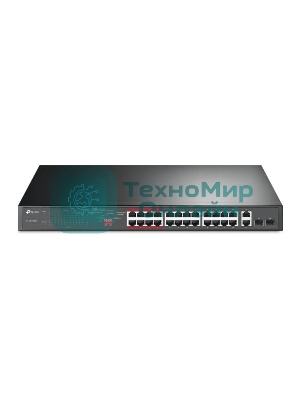 Коммутатор 24-port 10/100Mbps Unmanaged PoE+ Switch with 2 combo RJ-45/SFP uplink ports, metal case, rack mount, 24 802.3af/at compliant PoE+ ports, 2 gigabit combo RJ-45/SFP uplink ports, DIP switches for Extend mode, Isolation mode and Priority mode, up to 25