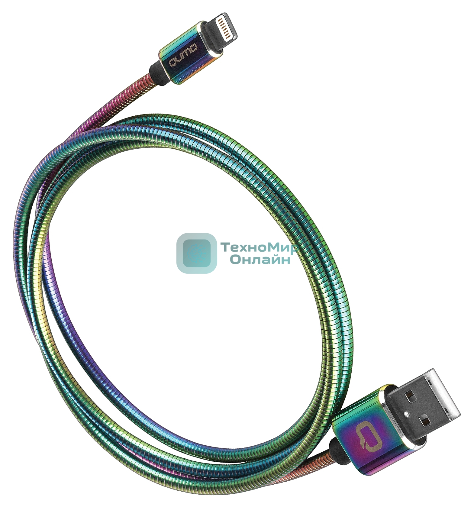Кабель Qumo, MFI С48, USB-Apple 8 pin, 1м, 5В, 2,4A, 12Вт, опл. металл. пружинка, кон. металл, rainbow