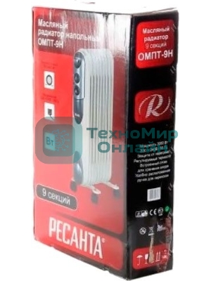 Масляный радиатор Ресанта ОМПТ- 9Н 67/3/4 2,0кВт, 450 140 650, 9 секций, 9,7 кг
