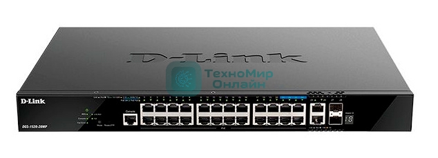 Коммутатор управляемый L3 стекируемый D-Link DGS-1520-28MP/A1A с 20 портами 10/100/1000Base-T, 4 портами 100/1000/2.5Gbase-T, 2 портами 10Gbase-T и 2 портами 10Gbase-X SFP+
