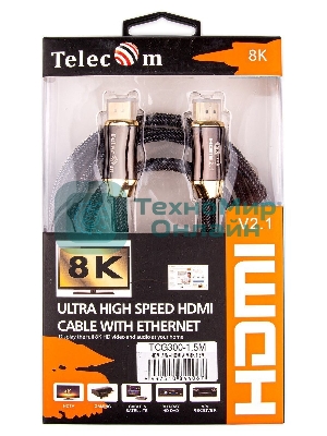Кабель HDMI 19M/M,ver. 2.1, 8K@60 Hz 1.5m метал разъемы, нейлоновая оплетка Telecom TCG300-1.5M Кабель HDMI 19M/M,ver. 2.1, 8K@60 Hz 1.5m метал разъемы, нейлоновая оплетка Telecom