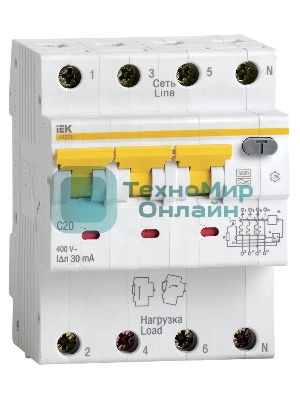 Выключатель автоматический дифференциального тока 34 3п+N 20А C 30мА тип A MAD22-6-020-C-30 IEK