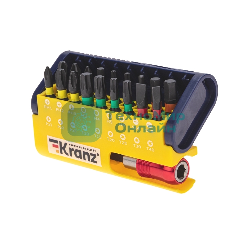 Набор бит Kranz с магнитным держателем, пластиковый кейс, 19 шт