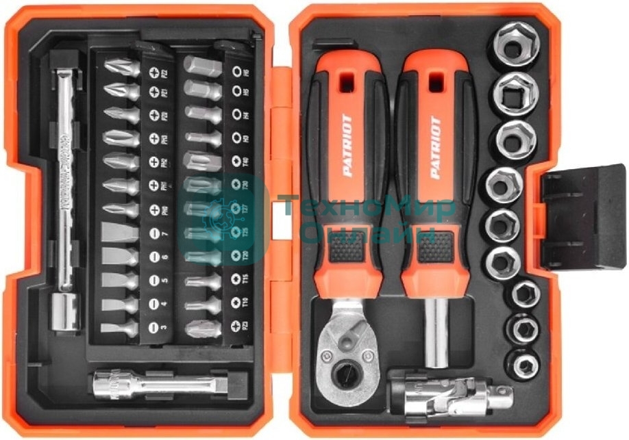 Набор инструментов Patriot SPS-38 трещотка с торцевыми головками, отвертка-битодержатель с битами, CR-V, двухкомпонентные рукоятки, 38 предметов