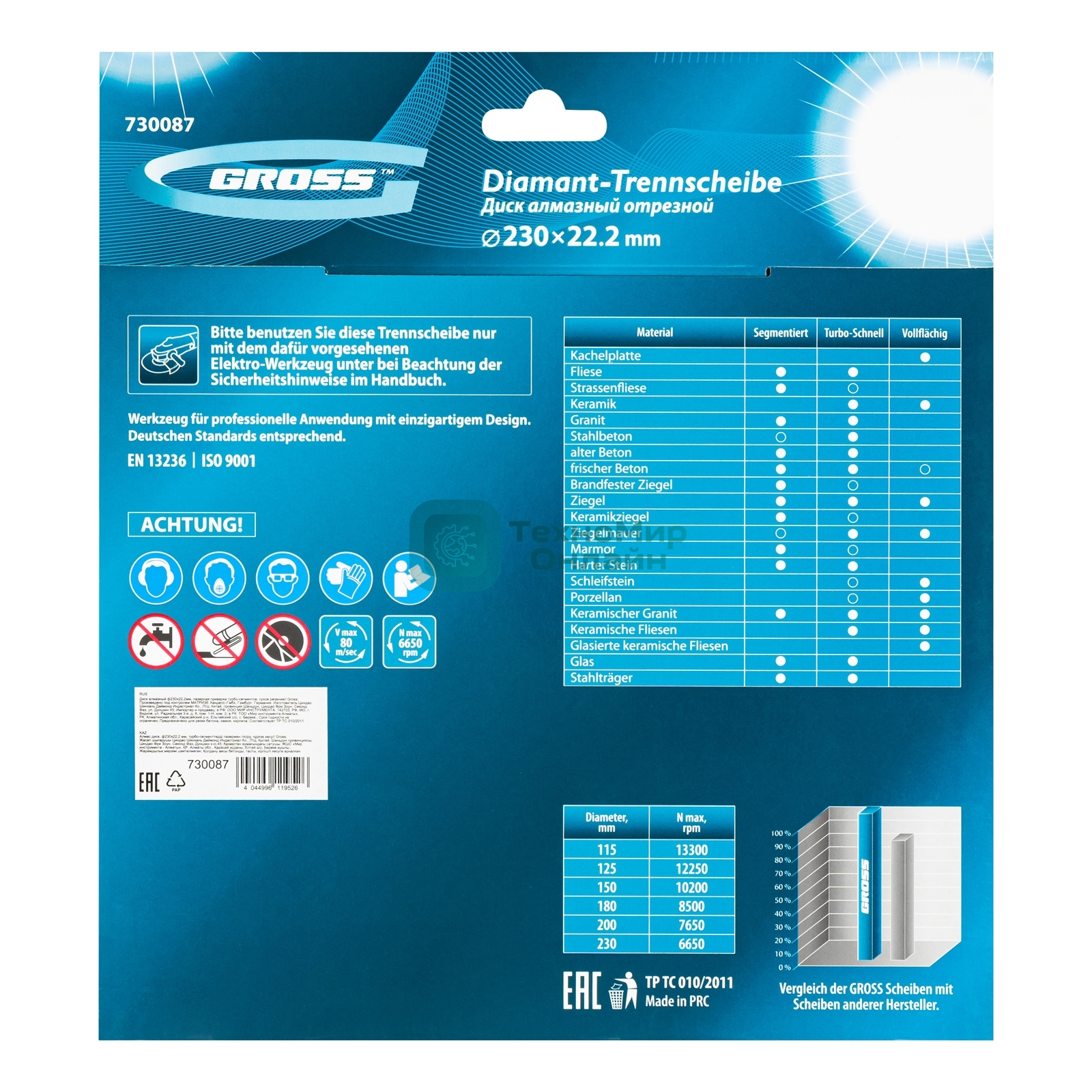 Диск алмазный Gross ф230х22,2 мм, лазерная приварка турбо-сегментов, сухое резание