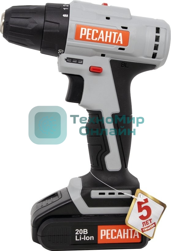 Дрель-шуруповерт аккумуляторная Ресанта ДА-20-2ЛК-Б 75/14/10, Аккумуляторная, 20В, 2 АКБ, Кейс