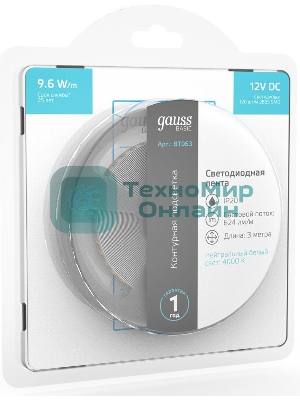 Лента светодиодная Basic Gauss 12V 9,6W/m 624lm/m 4000K IP20 LED 3m 1/100