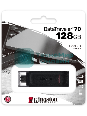 Флешка USB Kingston DataTraveler DT70 (DT70/128Gb), 128Gb, USB Type-C 3.2, R/W 70/45, черный