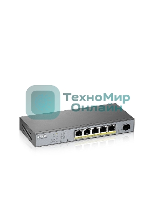 Коммутатор Zyxel GS1350-6HP, 4xGE PoE+, 1xGE PoE++ (802.3bt), 1xSFP, бюджет PoE 60 Вт, дальность передачи питания до 250 м, автоперезагрузка PoE-портов, повышенная защита от перенапряжений и электростатических р
