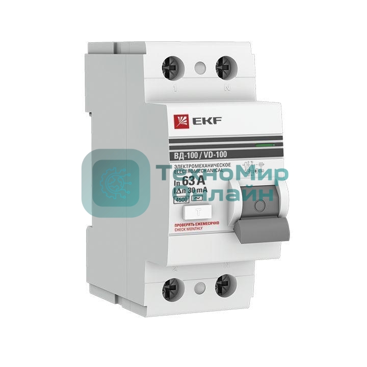 Выключатель дифференциального тока (УЗО) 2п 63А 30мА тип AC ВД-100 PROxima (электромех.) EKF elcb-2-63-30-em-pro