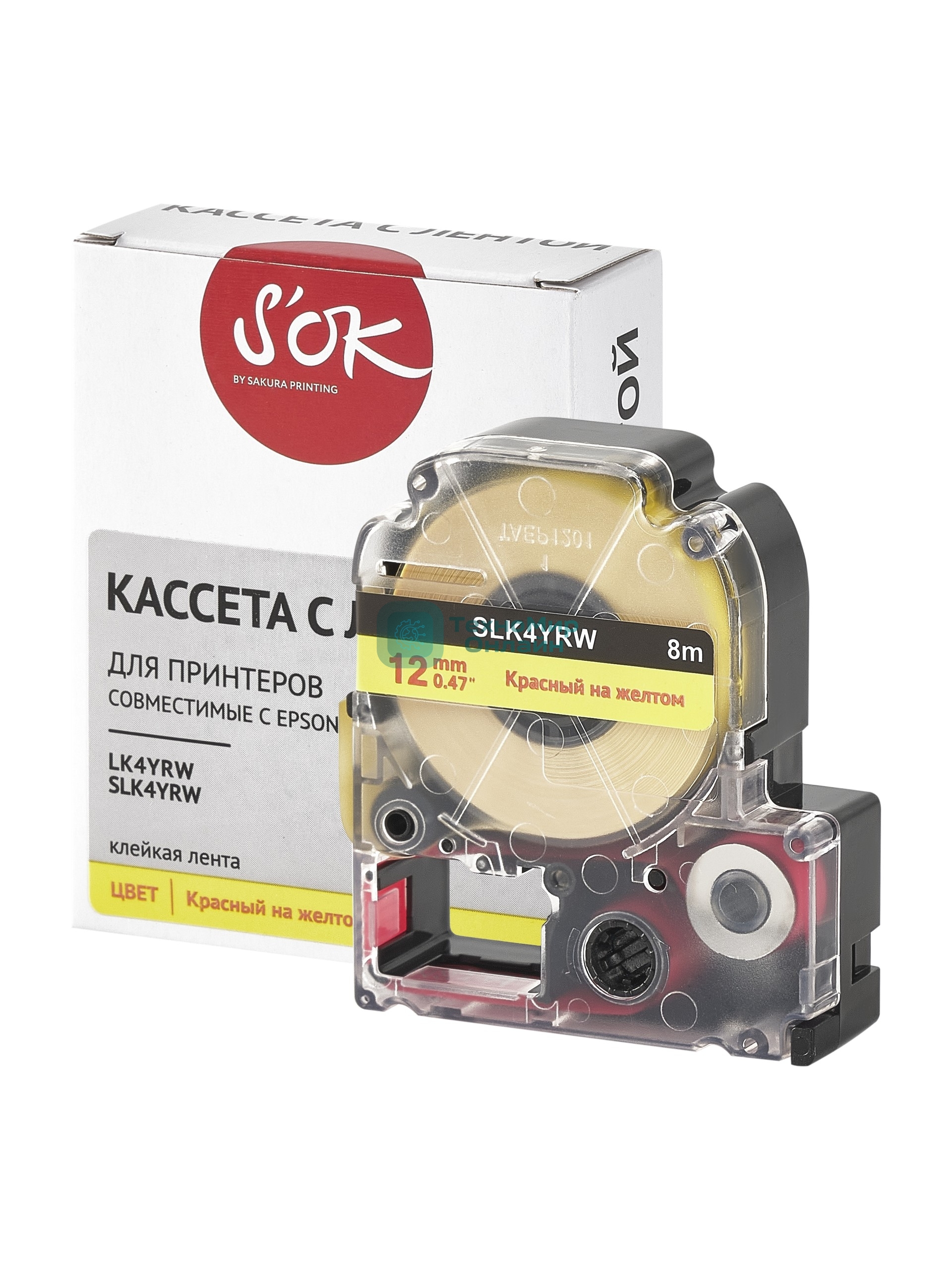 Кассета с лентой S'OK by Sakura Printing K4YRW для Epson, красный на желтом, 12мм/8м