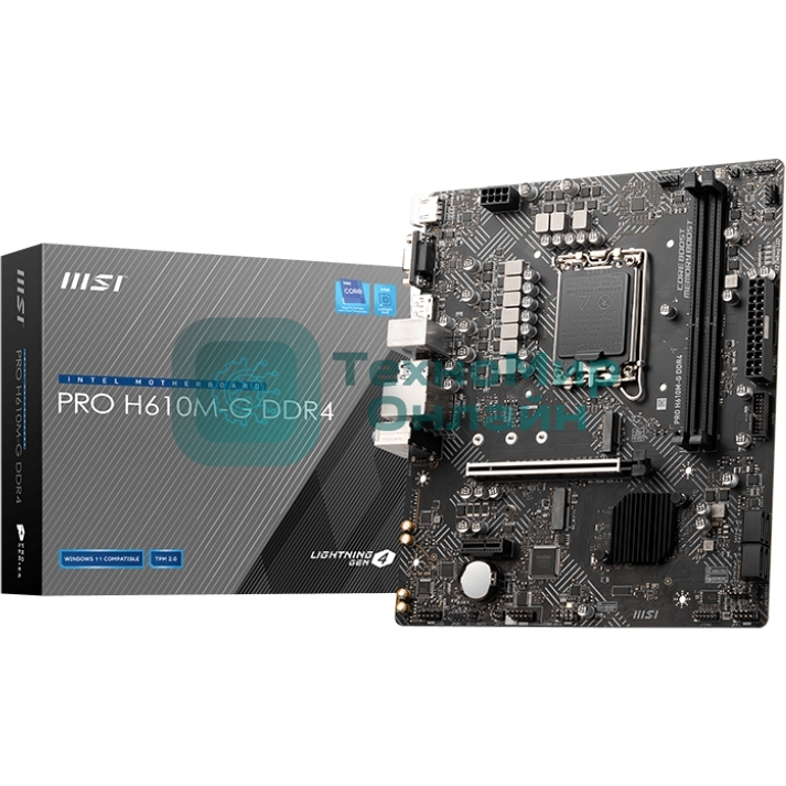 Материнская плата MSI PRO H610M-G DDR4, LGA 1700, Intel H610, 2xDDR4, 4xSATA, 1xM.2, 1xPCIe 4.0 x16, 1xPCIe 3.0 x1, 1xHDMI, 1xDP, 1xVGA, 1xRJ45 1Gb, 2xUSB-A 3.2 Gen 1, 4xUSB-A 2.0, 3x3.5мм, 7.1, mATX