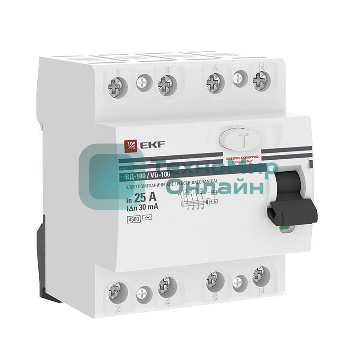 Выключатель дифференциального тока (УЗО) 4п 25А 30мА тип AC ВД-100 PROxima (электромех.) EKF elcb-4-25-30-em-pro