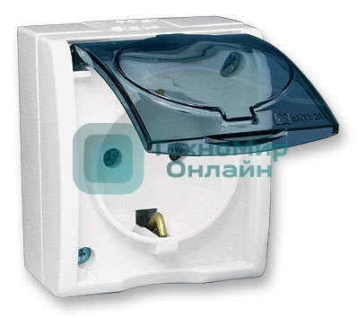 Розетка 1-м ОП Simon15 с защ. крышкой защ. шторки с заземл. IP54 бел. Simon 1594432-030