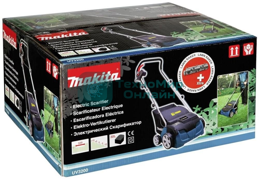 Газонокосилки Makita UV3200 Скарификатор,{1300Вт,32см,3500об\мин,5уров(-10+10мм),30л,нож-фреза,12кг,кор}