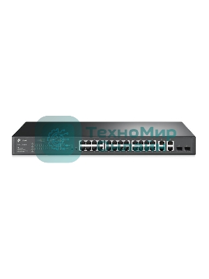 Коммутатор сетевой JetStream 24-port 10/100Mbps + 4-port Gigabit L2 Smart Switch with 24-port PoE+, PoE budget up to 250W, support PoE power management, with abundant L2 features,1U rack mountable, full managed via web UI/CLI/SSH/Telnet/SNMP