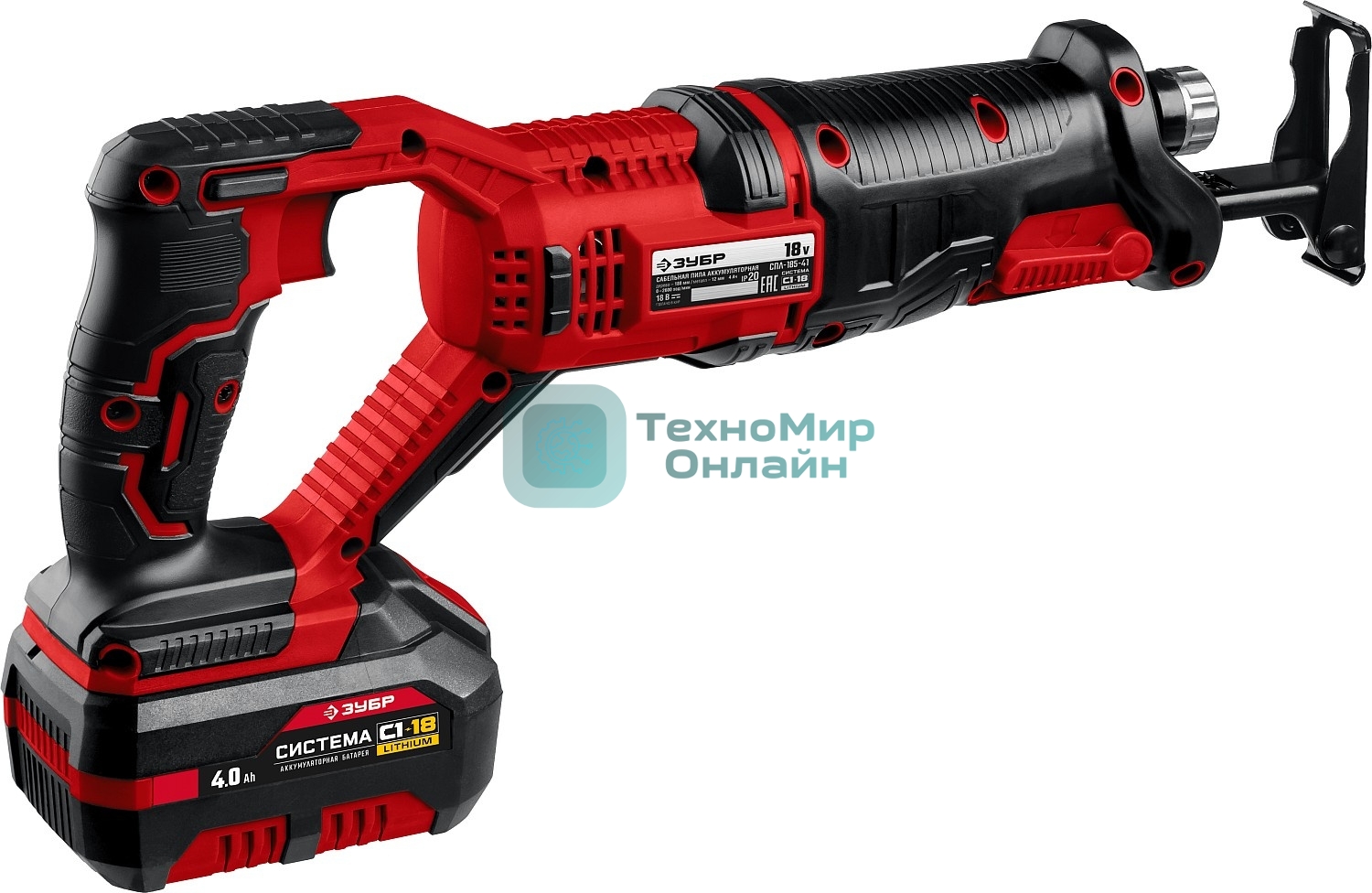 Пила сабельная Зубр 18В, 1 АКБ (4А·ч), в коробке, СПЛ-185-41