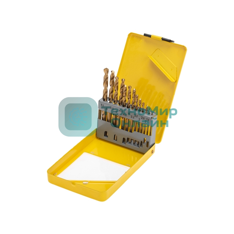 Набор сверл по металлу, 1,5-6,5мм (через 0,5мм, 3,2мм, 4,8мм), НSS, ТИТАН, цилиндрический хвостовик, металлический кейс, 13 шт. Kranz