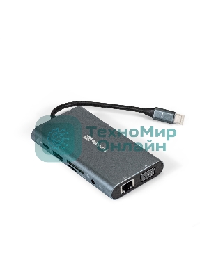 USB-концентратор ExeGate EX293985RUS DUB-31C/MAX (кабель-адаптер USB Type-C --> 3xUSB3.0 + Card Reader + PD 100W + HDMI 4K@30Hz + VGA + Audio + Lan RJ45 10/100/1000Mb, Plug&Play, серый)