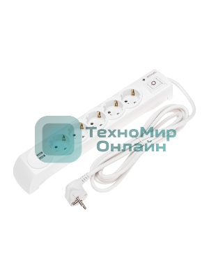 Сетевой фильтр 5 гнезд, 3м, 3х1,5мм², с автовыкл, 2 USB, белый Kranz