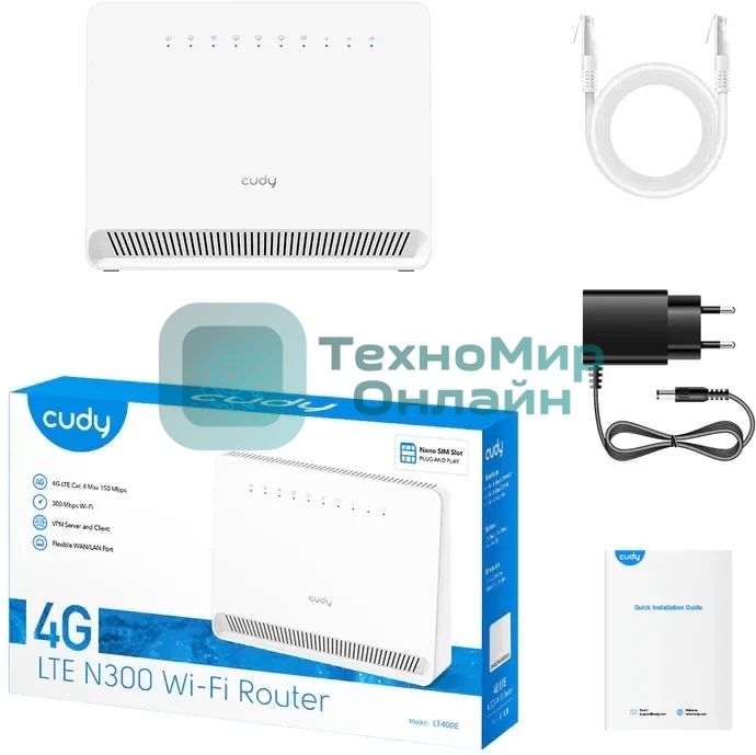 Маршрутизатор N300 Wi-Fi 4G LTE Cat.4 Router, build-in 4G LTE modem, 4 10/100M RJ45 Ports, Nano SIM Slot, 300Mbps at 2.4GHz, Internal antennas, PPTP/L2TP/OpenVPN/WireGuard VPN, DNS over Cloudflare/Google/Quad9, DDNS, SMS, Band locking, TR069/TR098/TR111/TR181, Cudy Mesh Support, LTE-FDD: B1/3/5/7/8/20/28, LTE-TDD: B38/40/41,WCDMA: B1/5/8