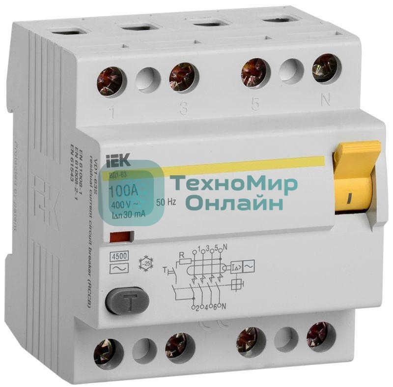 Выключатель автоматический дифференциального тока IEK 4п 100A 30mA тип AC ВД1-63 IEK MDV10-4-100-030