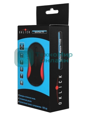 Мышь проводная Oklick 115S черный/красный, 1200 dpi, USB, кнопки - 3