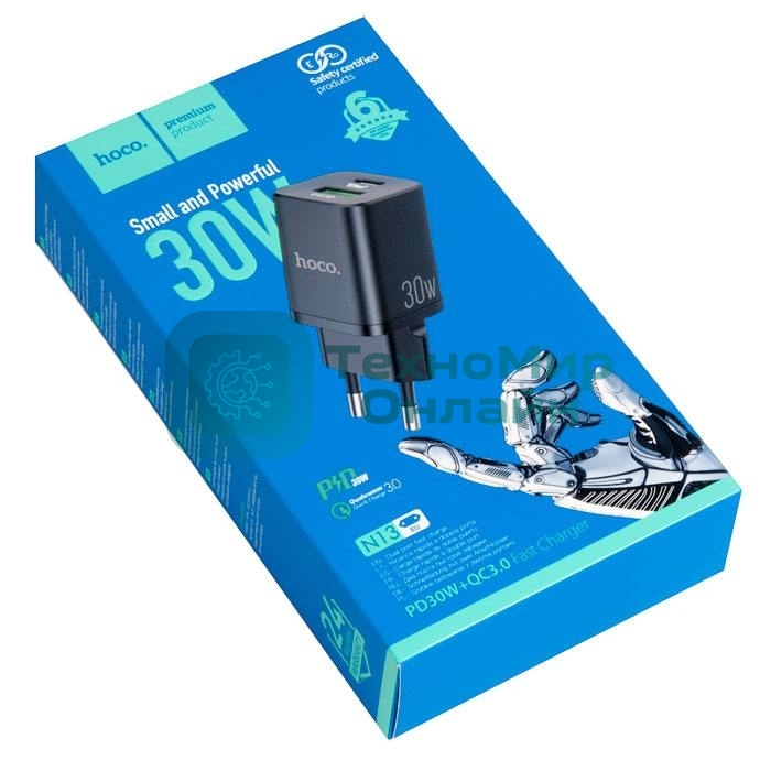 Сетевое зарядное устройство HOCO N13 Bright PD30W+QC3.0 два порта (1*USB-A, 1*Type-C), черный