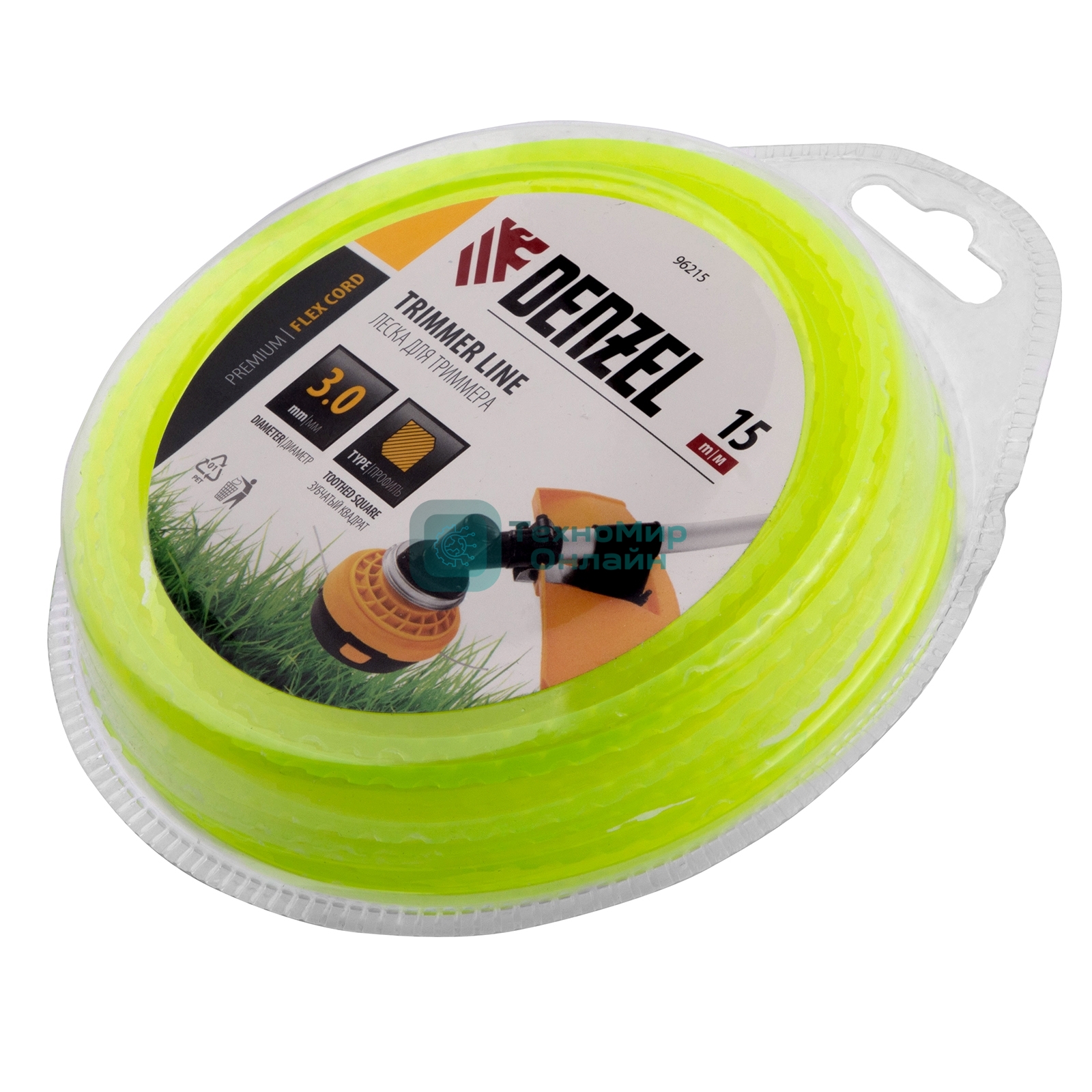 Леска для триммера Denzel зубчатый квадрат, 3мм х 15м, блистер FLEX CORD