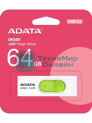 Флешка USB ADATA UV320 (AUV320-64G-RWHGN), 64Gb, USB 3.2 Gen1, R/W 100/30, белый/зеленый