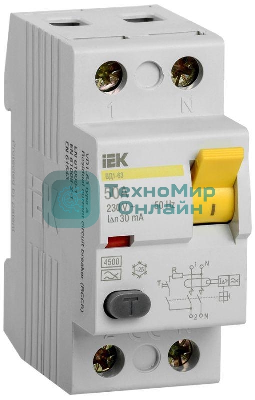 Выключатель дифференциального тока (УЗО) IEK MDV10-2-050-030 ВД1-63 2Р 50А 30мА IEK