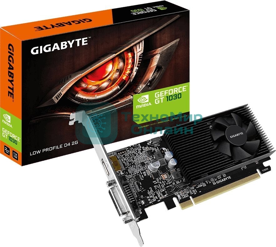 Видеокарта Gigabyte GV-N1030D4-2GL NVidia GeForce GT 1030, 2Gb DDR4/64-bit, PCI-Ex16 3.0, DVI-Dx1, HDMI2.0bx1, LP, 2-slot cooler, Retail