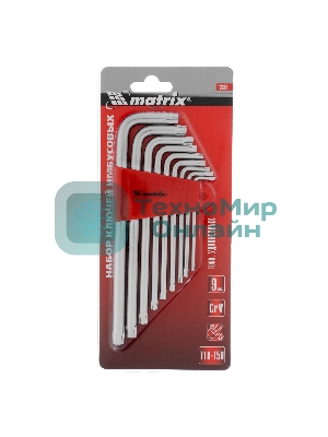 Набор ключей Matrix имбусовых TORX, 9 шт: T10-T50, CrV, удлиненные, сатин.