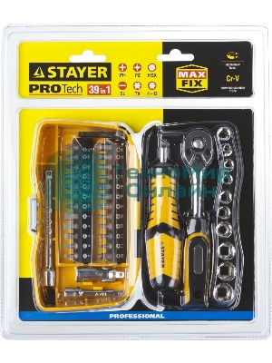Биты и торцовые головки с трещоткой и воротком 39шт STAYER PROFI 25135-H39