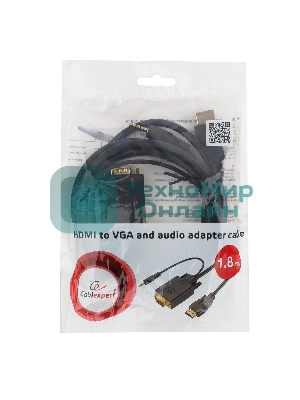 Кабель HDMI->VGA Cablexpert A-HDMI-VGA-03-6, 19M/15M + 3.5Jack, медь, позол.разъемы, 1.8м, черный, пакет