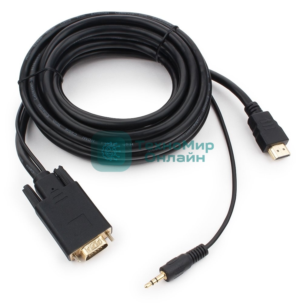 Кабель HDMI->VGA Cablexpert A-HDMI-VGA-03-5M, 19M/15M + 3.5Jack, медь, позол.разъемы, 5м, черный, пакет