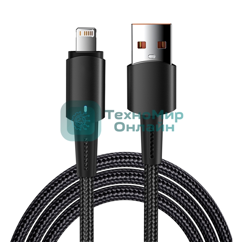 Кабель Rexant USB-A - Lightning для Apple, 2,4А, 1м, в черной нейлоновой оплетке, со световой индикацией