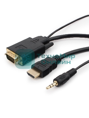 Кабель HDMI->VGA Cablexpert A-HDMI-VGA-03-5M, 19M/15M + 3.5Jack, медь, позол.разъемы, 5м, черный, пакет