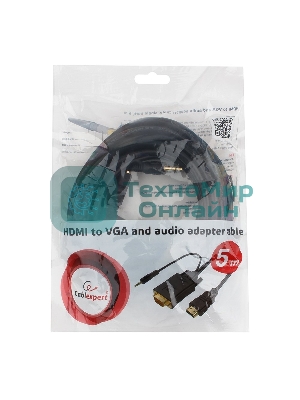 Кабель HDMI->VGA Cablexpert A-HDMI-VGA-03-5M, 19M/15M + 3.5Jack, медь, позол.разъемы, 5м, черный, пакет